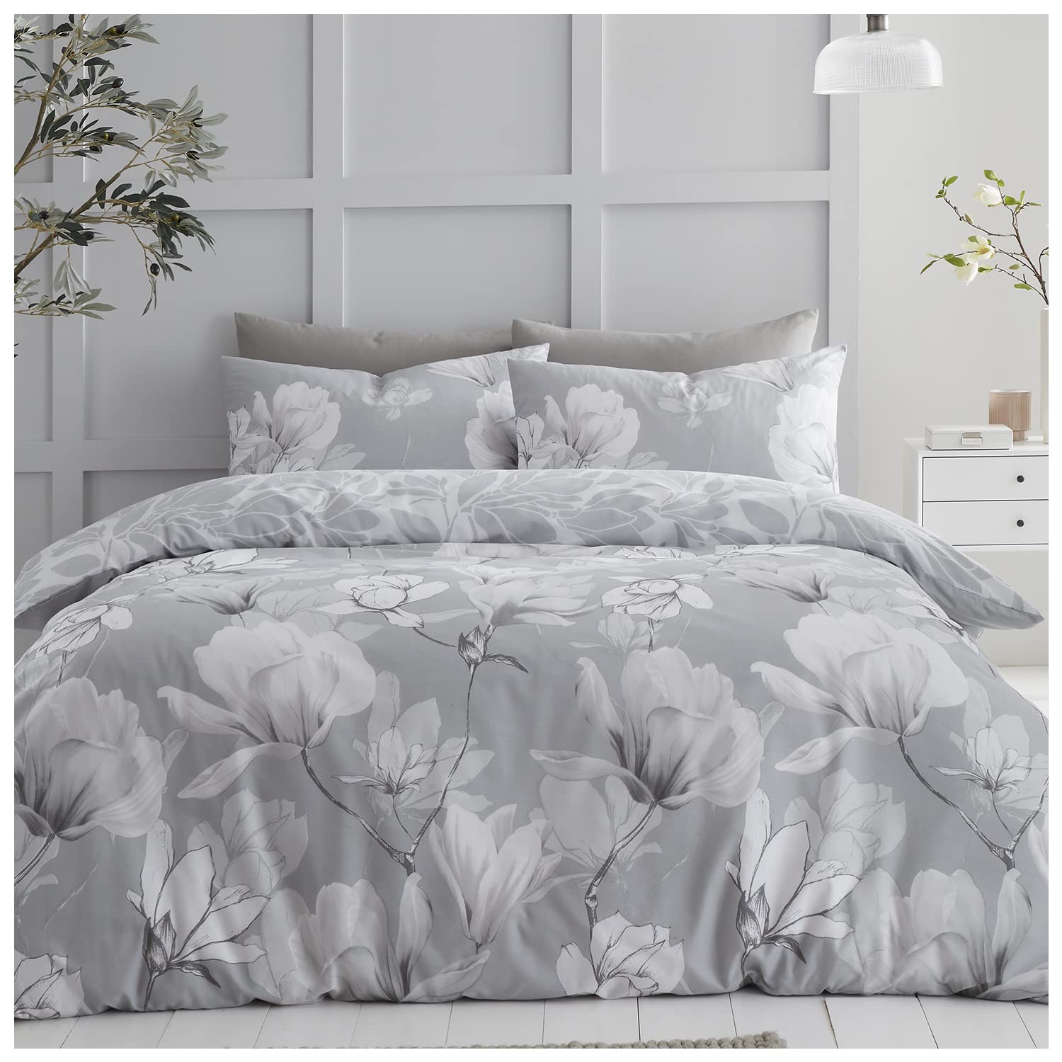 GC GAVENO CAVAILIA Reversible Duvet Quilt, Soft & Comfy Printed Set, Cosy Bed Covers, Polycotton, Magnolia Dream-Grey, Single