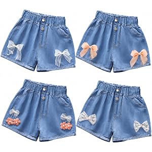 IEDWEI 4 Pack Girls Denim Shorts with Pockets & Elastic Waist-Cute Summer Girls Jean Shorts for Casual & School (6-12Y)