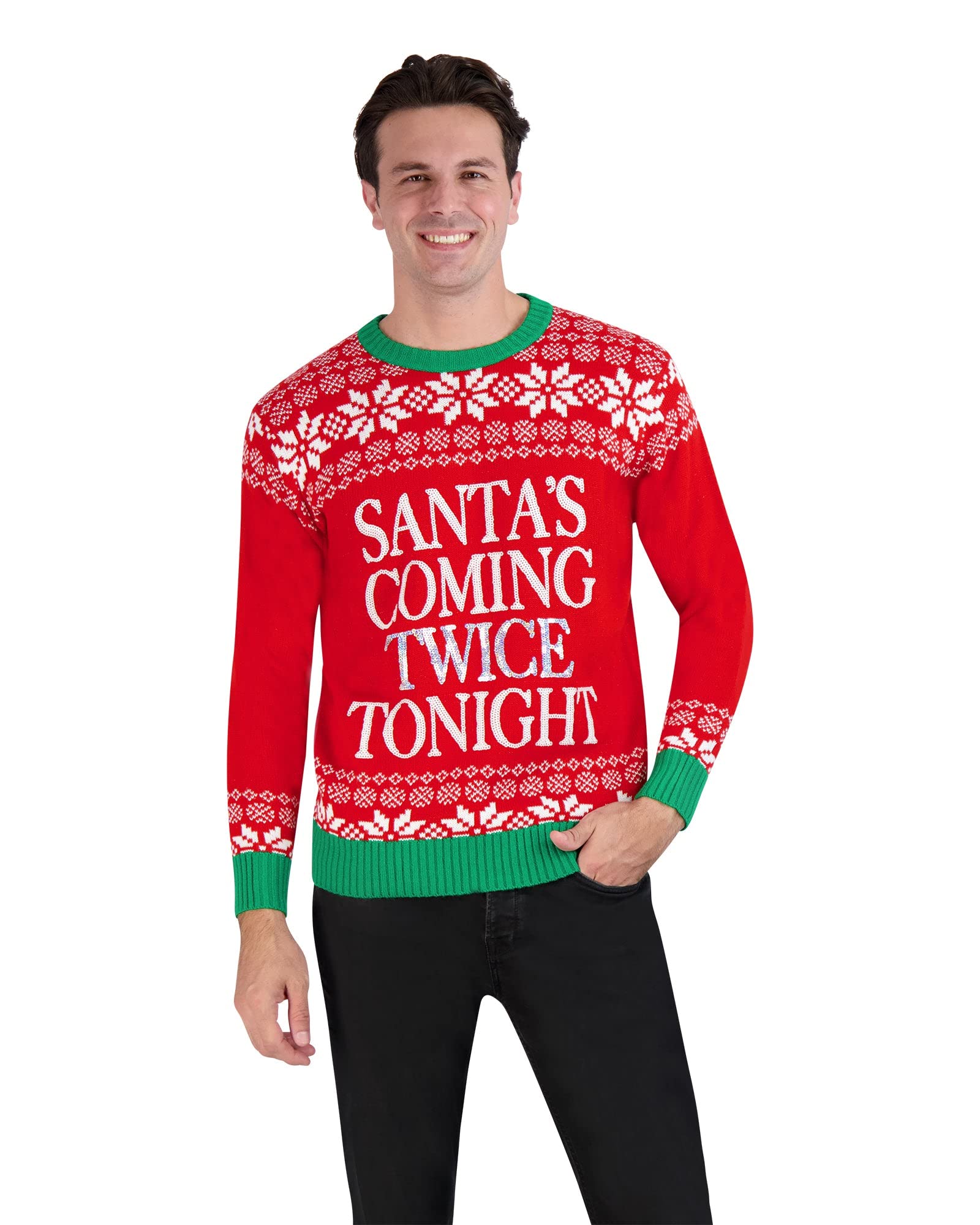 Holiday Hype Men's Festive Ugly Christmas Holiday Party Pull Over Sweater, Santa's Coming, Large Image
