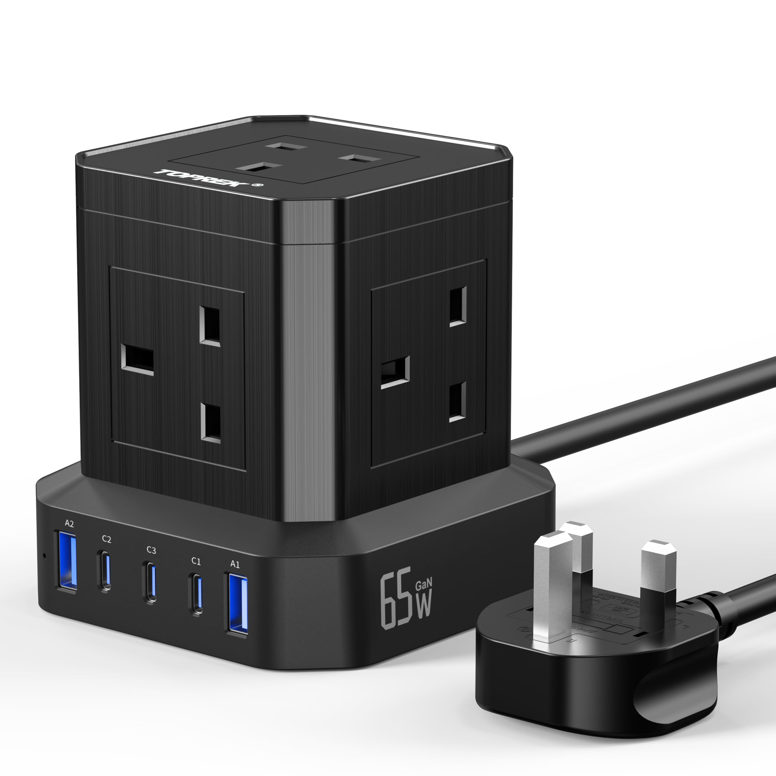 TOPREK 65W PD3.0 Fast Charge Extension Lead with Usb Slots, Simultaneous Fast-charging of 10 devices, USB Extension Cable Multi Plug Extension Socket