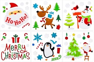HOHUCRAB 6 Sheets Christmas Window Clings Gel, Santa Claus Snowman Snowflake Cardinals Penguin Christmas Gel Window Clings Decorations, Merry Xmas Wall Decor Stickers, School Home Xmas Party Decorations