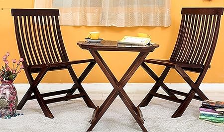 RjKart Sheesham Wood Round Dining Table Set and Folding Chairs for Living Room | Set of 3 | Walnut Finish