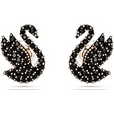 Swarovski Swan Stud Earrings, Swan Motif with Black Pavé Crystals and Pearl Closure in a Rose Gold-Tone Finished Setting, Part of the Swarovski Swan Collection