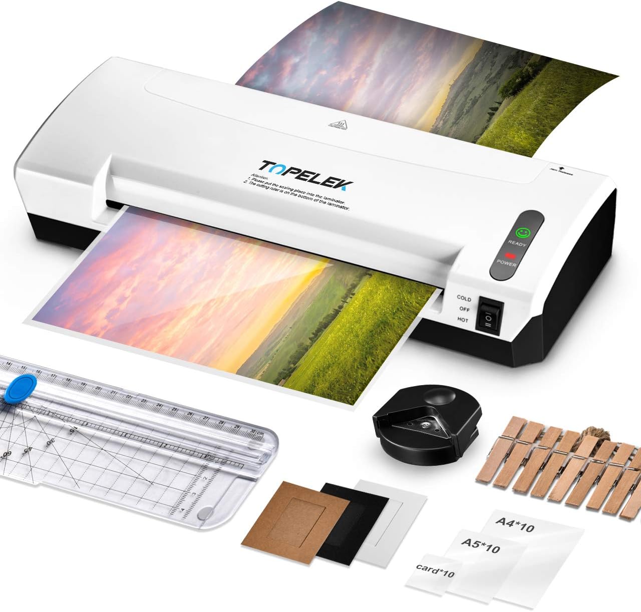 TOPELEK 5in1 Laminator Machine White Corner Rounder 2 Roller