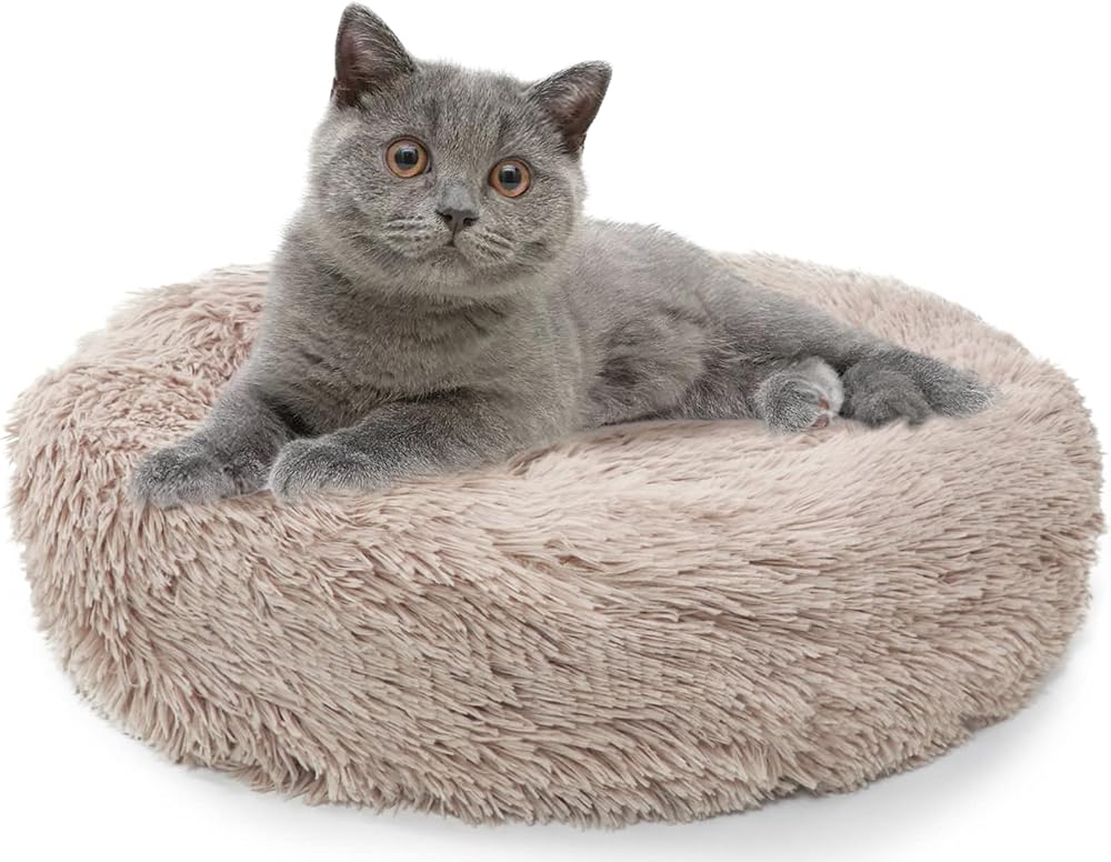 Enjamoy Plush Donut Dog Bed Calming Round Plush Self-Warming 50cm Brown