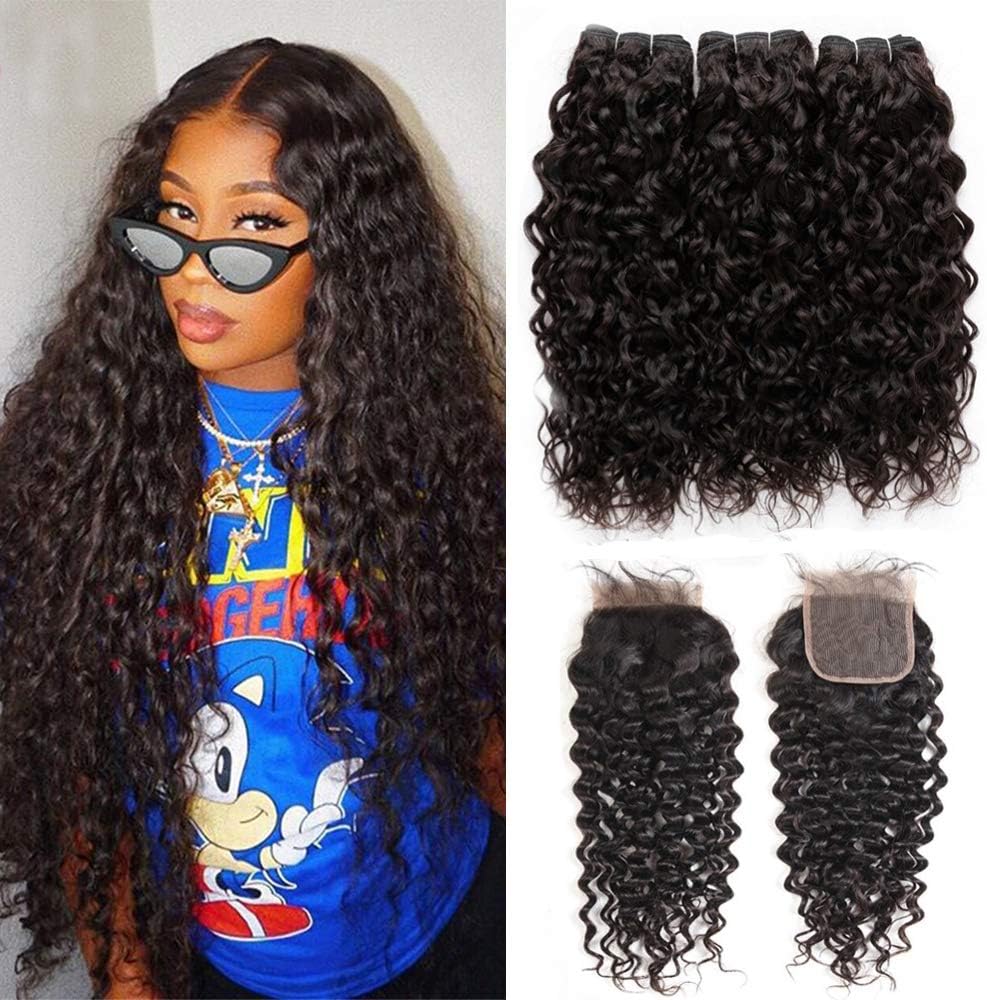 8A Brazilian Virgin Water Wave Human Hair 3 Bundles with Lace Closure Free Part Wet and Wavy Brazilian Water Wave Human Hair Weave Bundles Natural Color Queen Plus Hair (8 8 8 with 10 Inch)