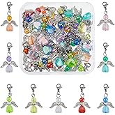 SUPERFINDINGS 36Pcs 9 Colors Angel Wing Clip on Charms Colorful Acrylic Beads Charm Transparent Heart Dangle Pendants with Lobster Claw Clasps for DIY Jewelry Making Findings Crafts Supplies