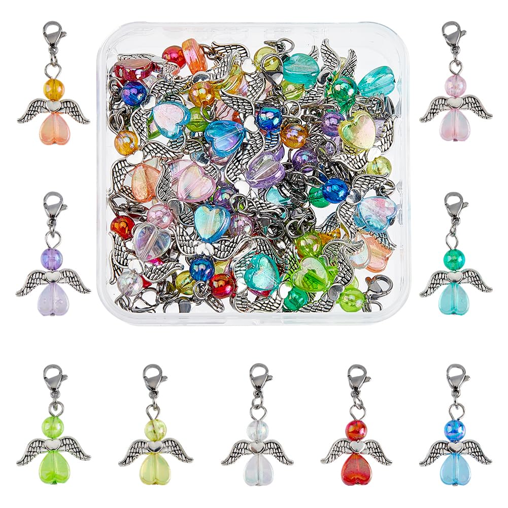 SUPERFINDINGS 36Pcs 9 Colors Angel Wing Clip on Charms Colorful Acrylic Beads Charm Zipper Pulls Charm Transparent Heart Dangle Pendants with Lobster Claw Clasps for DIY Jewelry Making Crafts Supplies