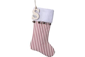 JKSVE 19.5 inch Red Vertical Stripe Christmas Stocking w/Bells, Personalized Wooden Initial Monogram Christmas Stocking, Holiday Xmas Party Decorations (S)