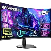 SANSUI Curved Monitor 24 inch 100Hz USB Type-C Computer Monitor with Built-in Speakers- MPRT 1ms,Adaptive Sync,HDR,1500R,VESA 75x75mm Compatible, for Home and Office(ES-24C1)