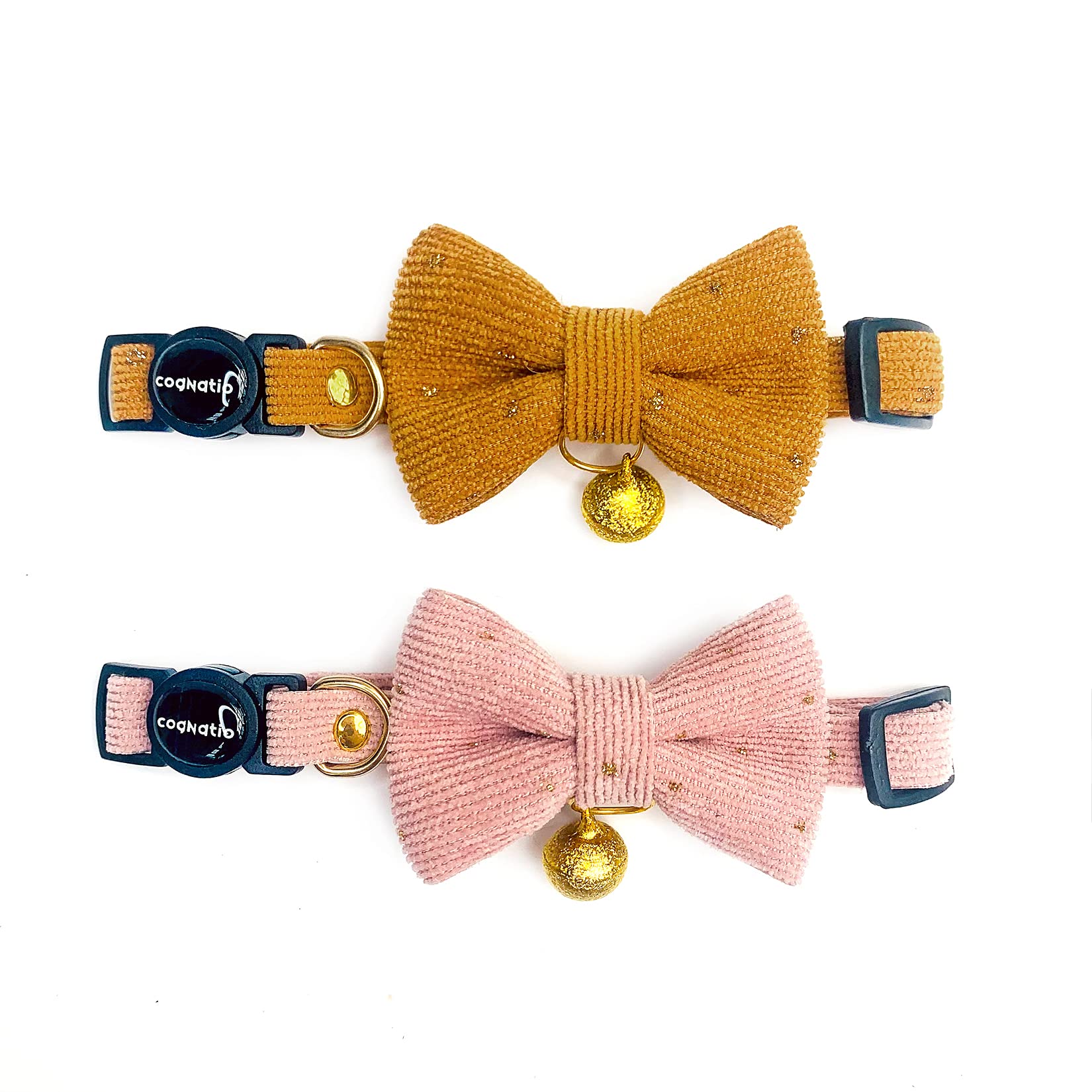 Cognatio Safety Quick Release Cat Collars, Soft Kitten Collars with Detachable Bow Tie and Bell, Pack of 2, Adjustable 20-30 cm (20-30 cm, Ochre+Pink)