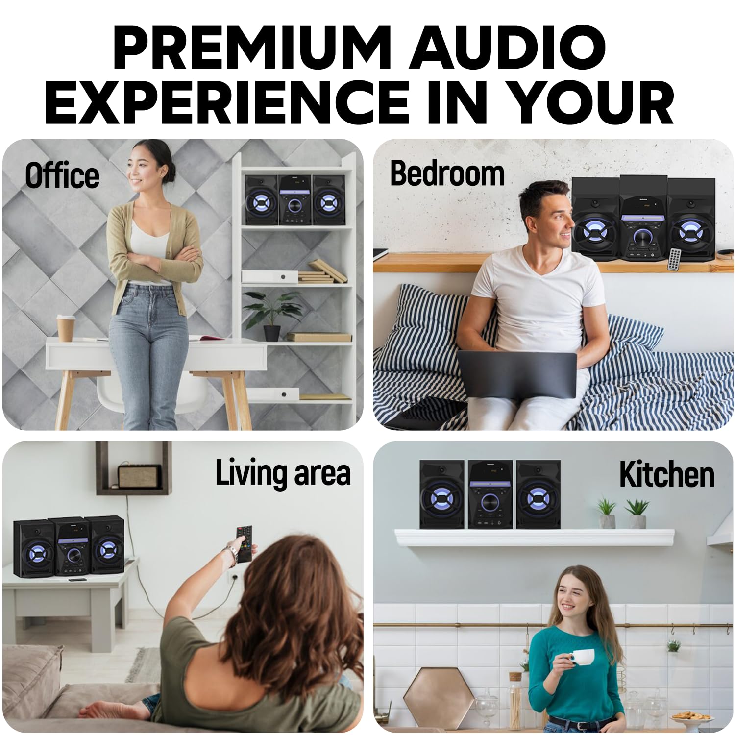 Magnavox 3-Piece CD Shelf System with Bluetooth, FM Radio, Remote Control, Colored Speaker Lights, LED Display, AUX Port - Black