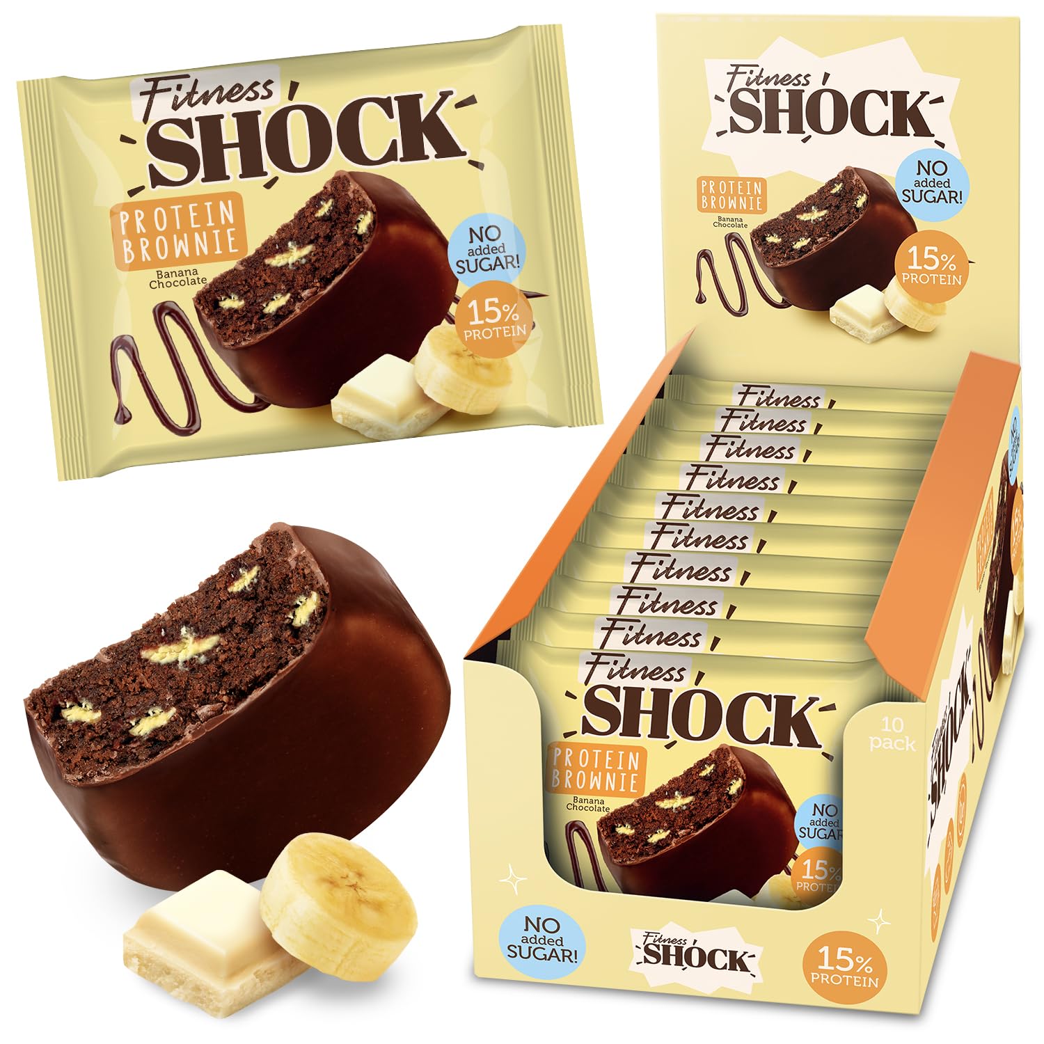 FitnesSHOCK Chocolate Brownie No Added Sugar, 15% Protein, satiating dietary fibre, Soft Texture, 10 Pieces, 50g - Banana Flavour