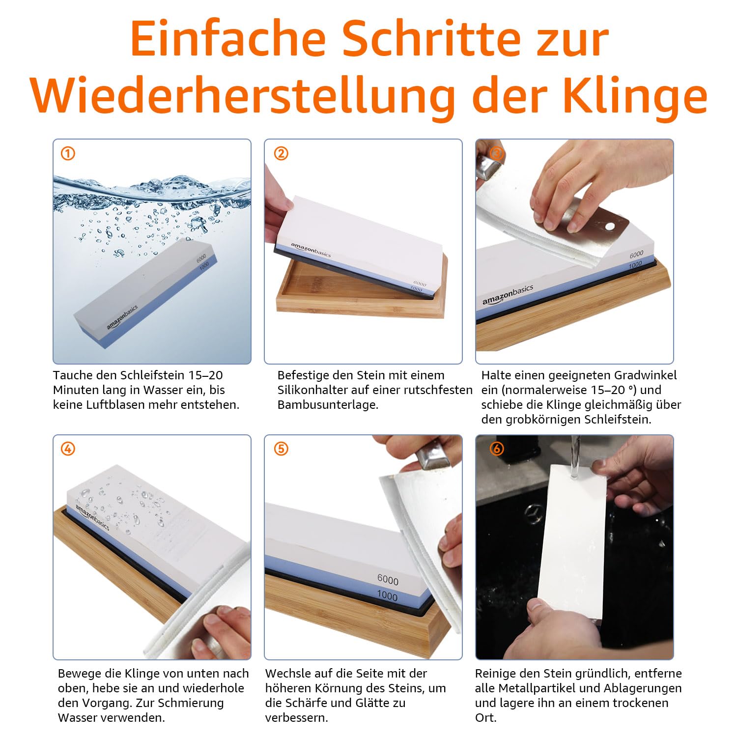 Amazon Basics Messerschärfstein, doppelseitig, Körnung 1000/6000, mit rutschfester Bambusunterseite, Schwarz, Blau und Weiß, 21,34 x 9,14 x 4,57 cm 4