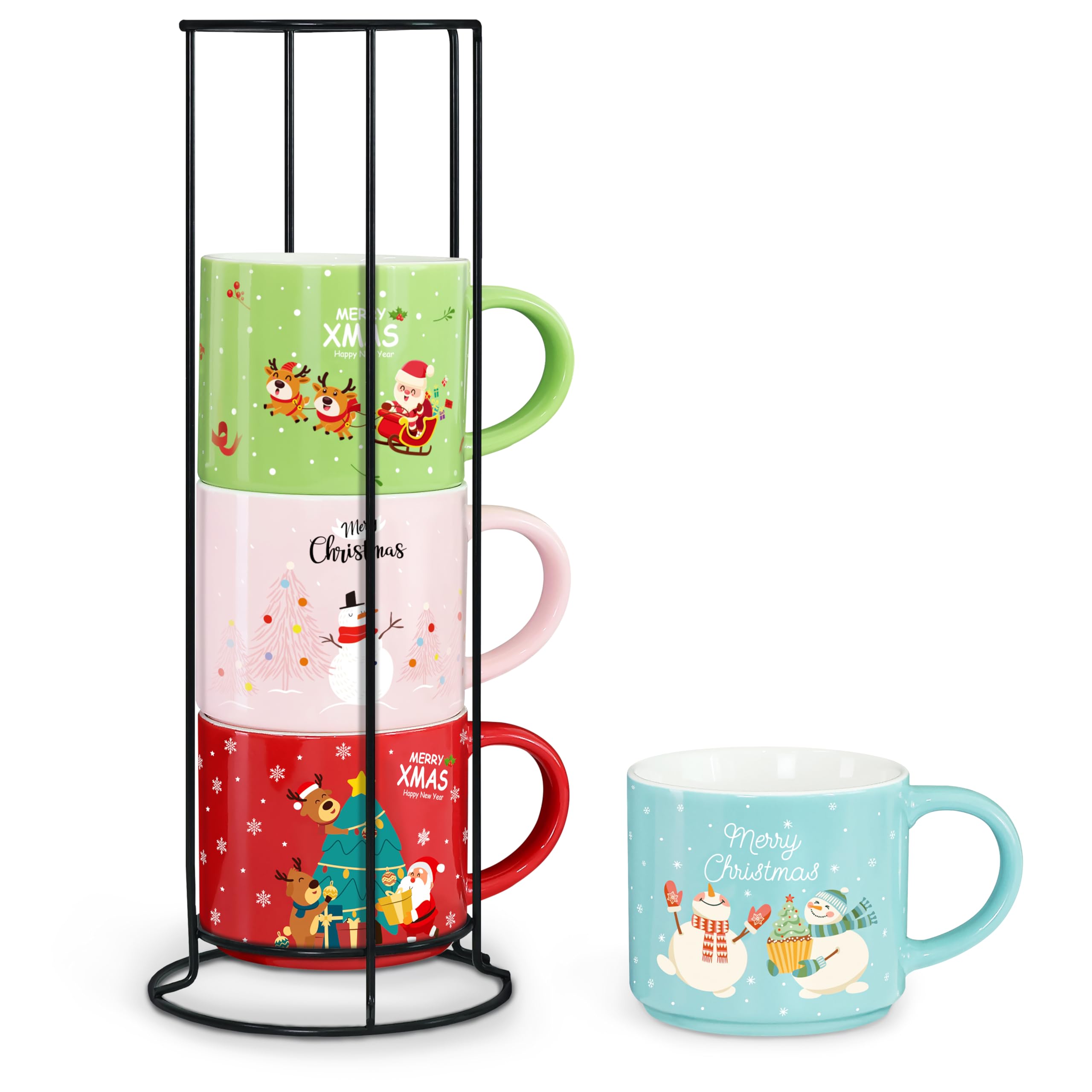 Photo 1 of ***MINOR DAMAGE*** ***READ CLERK NOTES*** Set of 4 Stackable Christmas Mugs, 15.8 Oz Coffee Mug With Stand, Holiday Hot Cocoa Mugs for Mom Family Colleagues Friend & Farmhouse Cocoa Tray Decor