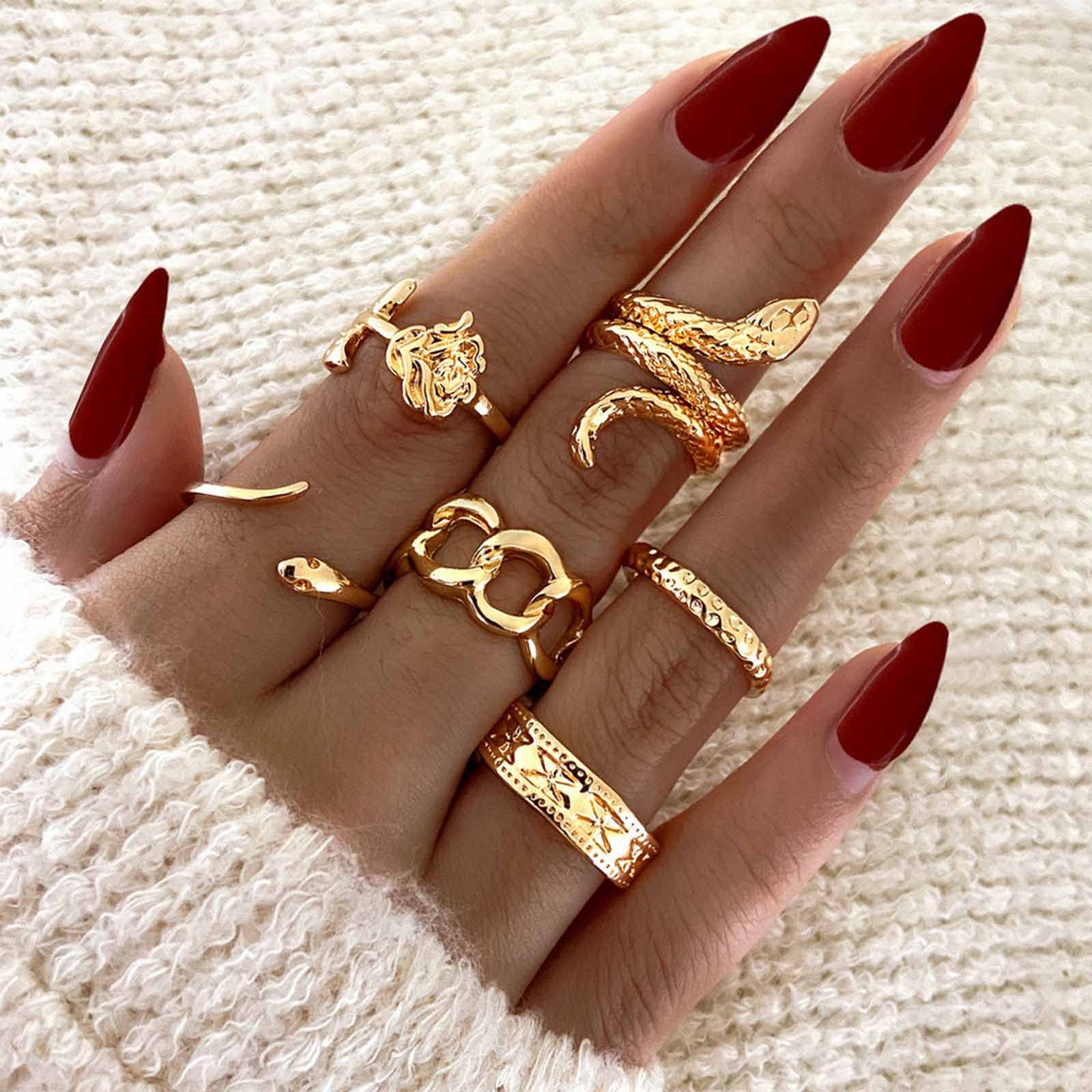 Yienate Vintage Snake Rings Index Finger Ring Rose Stackable Joint Ring Creative Medusa Aesthetic Gold Ring 6 Pcs for Women and Girls