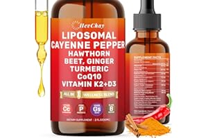 HEVCHAY Cayenne Pepper Drops Liposomal Supplement Liquid + Hawthorn Berry, Vitamin D3 K2 Beet Root Powder, Ceylon Cinnamon, CoQ10, Turmeric Curcumin, Cayenne Pepper Extract - 2oz