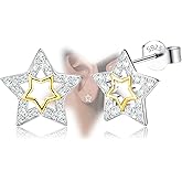 Sterling Silver Star Stud Earrings - Hypoallergenic Two-Tone Star-Shaped Earrings for Women Cubic Zirconia Lightweight Stars Post Earrings for Sensitive Ears Gifts for Birthday Christmas