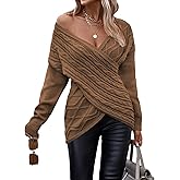 Womens Casual V Neck Long Sleeve Sweaters Cross Wrap Front Cable Knit Pullover Sweater Jumper Tops