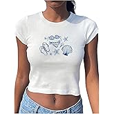 RoseSeek Women's Beach Graphic Tee Trendy Summer Short Sleeve Tee Shirts Crew Neck Crop Tops Bikini Print Preppy Top