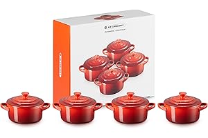 Le Creuset Stoneware Set of 4 Mini Cocottes with Cookbook, 8 oz. Each, Cerise
