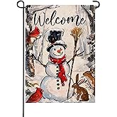 Artofy Welcome Christmas Snowman Small Decorative Garden Flag, Xmas Snowy Cardinal Rabbit Yard Lawn Outside Decor, Winter Holiday Burlap Outdoor Home Decoration Double Sided 12 x 18