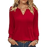 Ivicoer Long Sleeve Shirts for Women V Neck Pleated Blouses for Women Dressy Casual Fall Ladies Top 2025