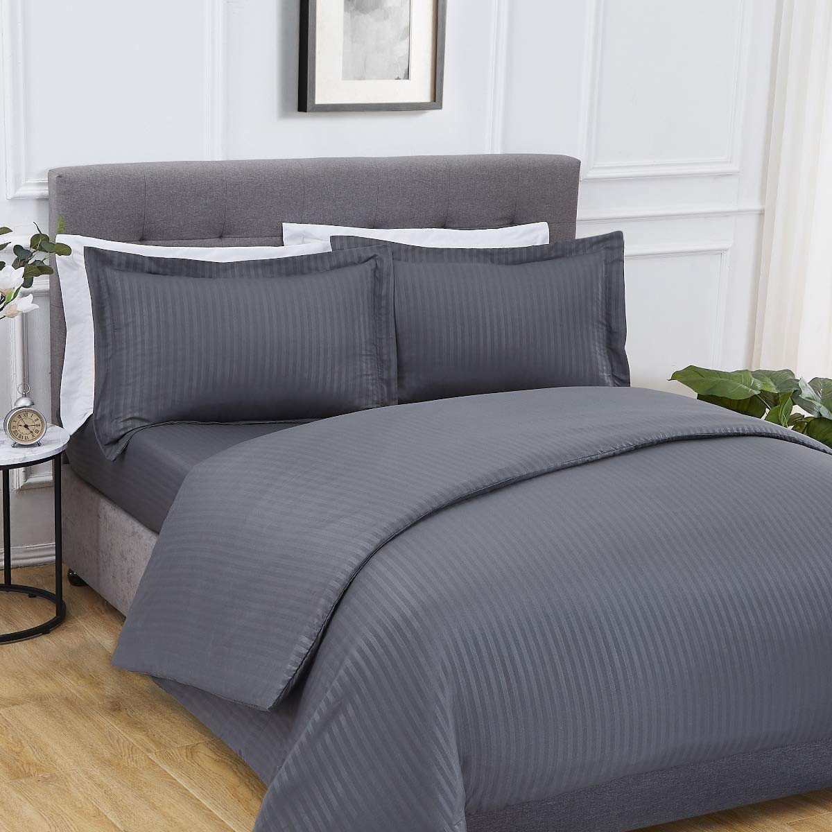 Sleepdown Sateen Stripe Charcoal Grey Super Soft Easy Care Complete Duvet Cover Quilt Bedding Set Pillowcases with Fitted Sheet - King, 5056242780007