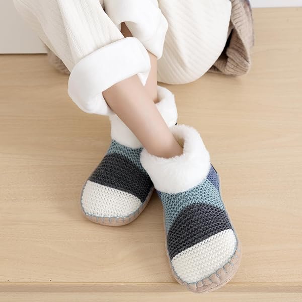 HUANSHA ANKLE KNIT SLIPPER SOCKS FOR WOMEN WITH PADDED BOTTOM, WARM LOW CUT FUZZY SLIPPER SOCK WITH NON SLIP GRIPPERS, THICK FLEECE LINED HOUSE SLIPPER SOCK SIZE 7 TO 11 FOR COZY INDOOR BEDROOM