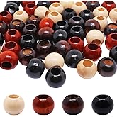 SWZHAI 60PCS Wooden Beads for Crafts, 20mm Vintage Round Wooden Craft Bead in 4 Colors, Large Hole Wood Beads for Jewelry Making Decoration Bracelet DIY Handmade