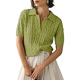 Imily Bela Women's Cable Short Sleeve Sweaters Tops Solid Lapel V Neck Knit Casual Soft Pullover Shirt