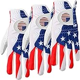 GKandi Golf Gloves Men Right Hand Left with Ball Marker USA Flag Blue Camo Plaid 3 Pack, Mens Golf Glove All Weather Grip Small Medium ML Large XL