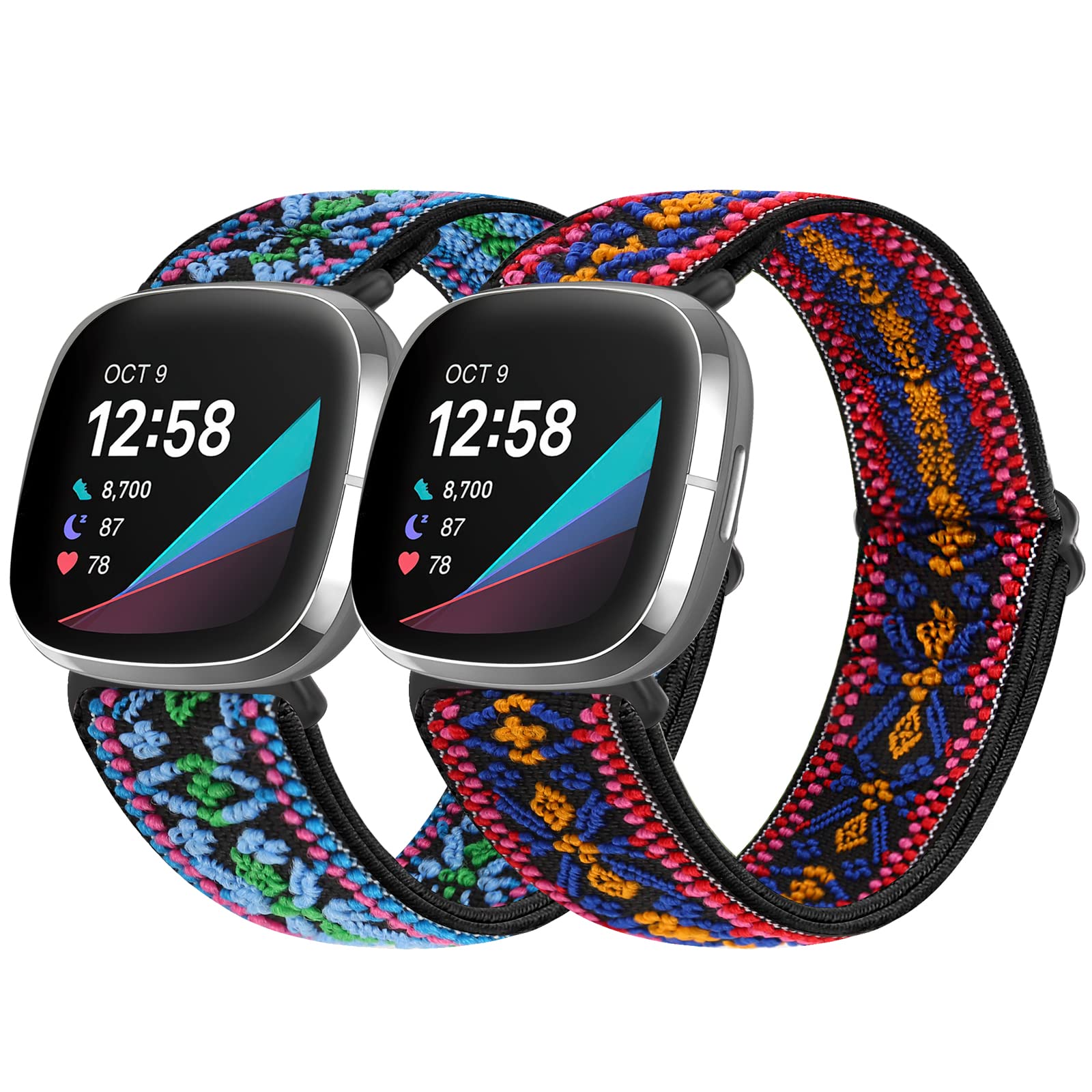 Vodtian Elastic Nylon Loop Straps Compatible with Fitbit Sense 2/Fitbit Sense/Fitbit Versa 4/Fitbit Versa 3 Strap, Adjustable Soft Stretchy Sport Braided Replacement Wristband for Men Women, 2 Pack
