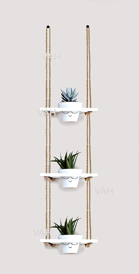 VAH Wood Hanging Planter Shelf Plant Hanger Flower Pot Rack with Rope Home Decor Hanging Planter-Plant Stand-Vertical Planter-Planter Rack (3 Tier Pot, White)