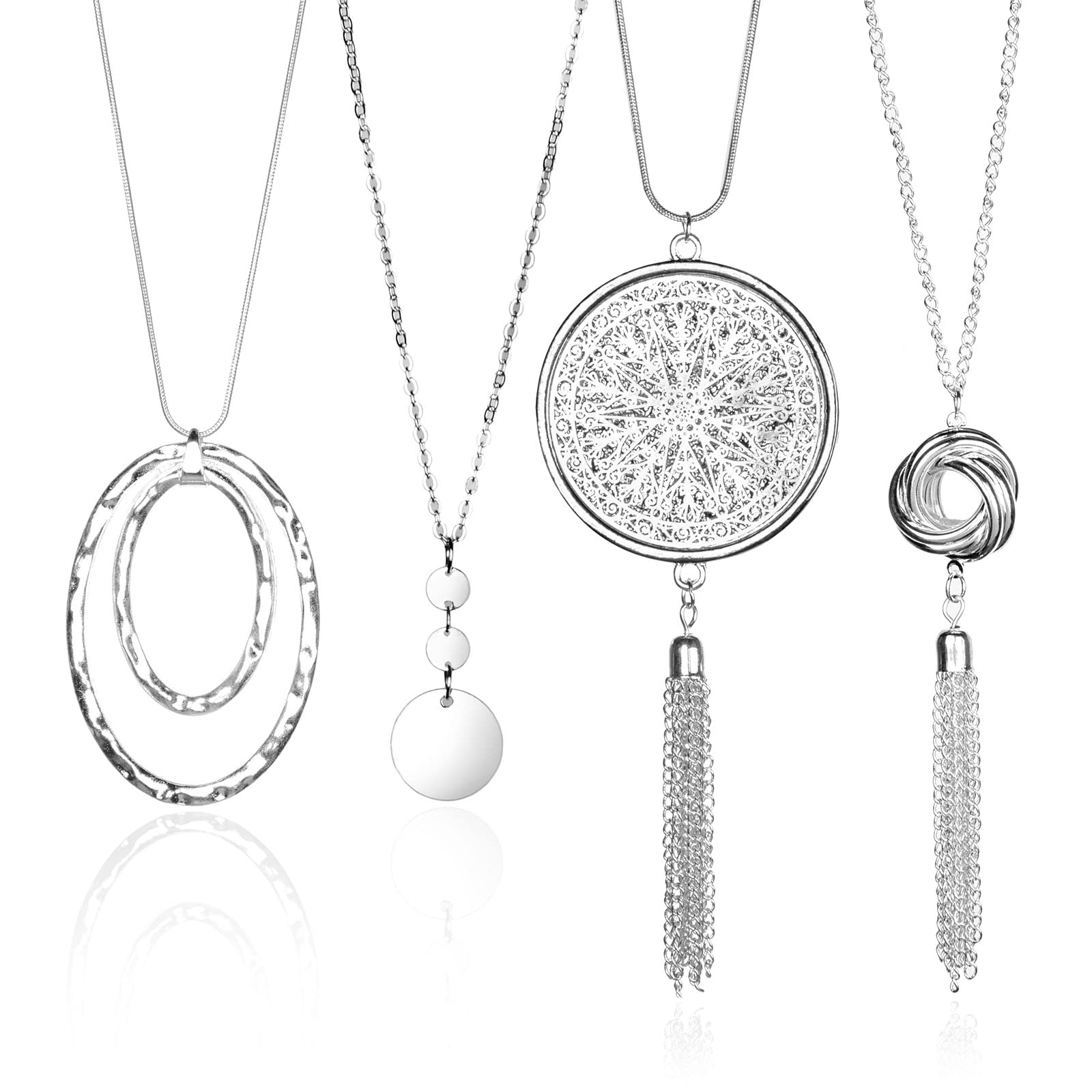 ECSiNG 4pcs Long Pendant Necklace for Women Tassel Y Necklace Jewelry Set for Girls Sweater Necklace Multilayer Punk Chain for Women Men Silver