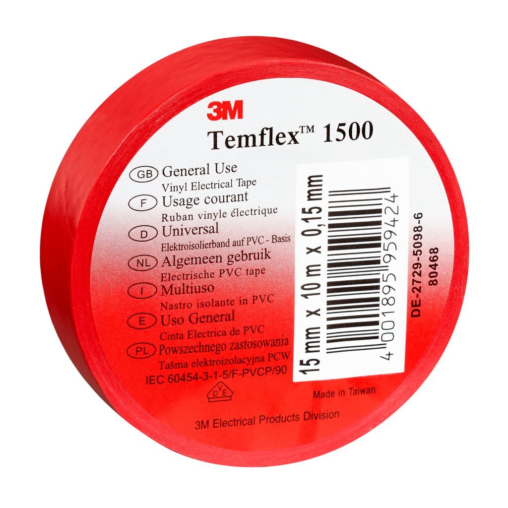 3 M TROT1525 Temflex 1500 Vinyl Electrical Insulation Tape, 15 mm x 25 m x 0,15 mm, red