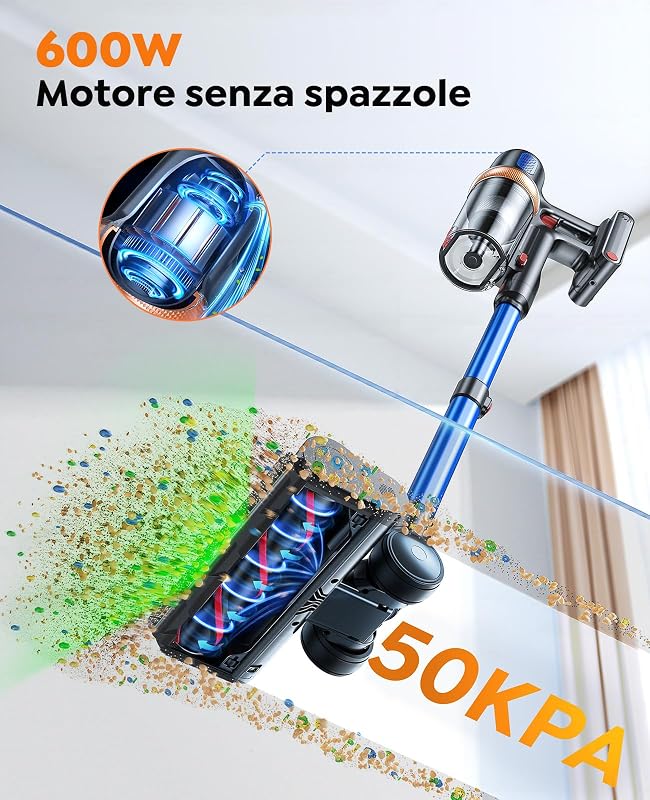 Aspirapolvere senza fili, 650 W, 55 KPA, aspirapolvere a bastone con touch screen, fino a 70 minuti di autonomia, potente aspirapolvere con supporto a parete ricaricabile, aspirapolvere leggero per — foto 2 di 8