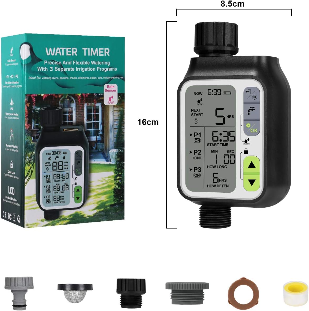 Bearbro Automatic Water Timer,3 Separate Irrigation Digital Programmable,Sprinkler Timer with Rain Sensor/Child Lock/Auto & Manual Watering Mode/IP65 Waterproof,Garden Lawn Hose Faucet Water Timer: Kitchen & Dining
