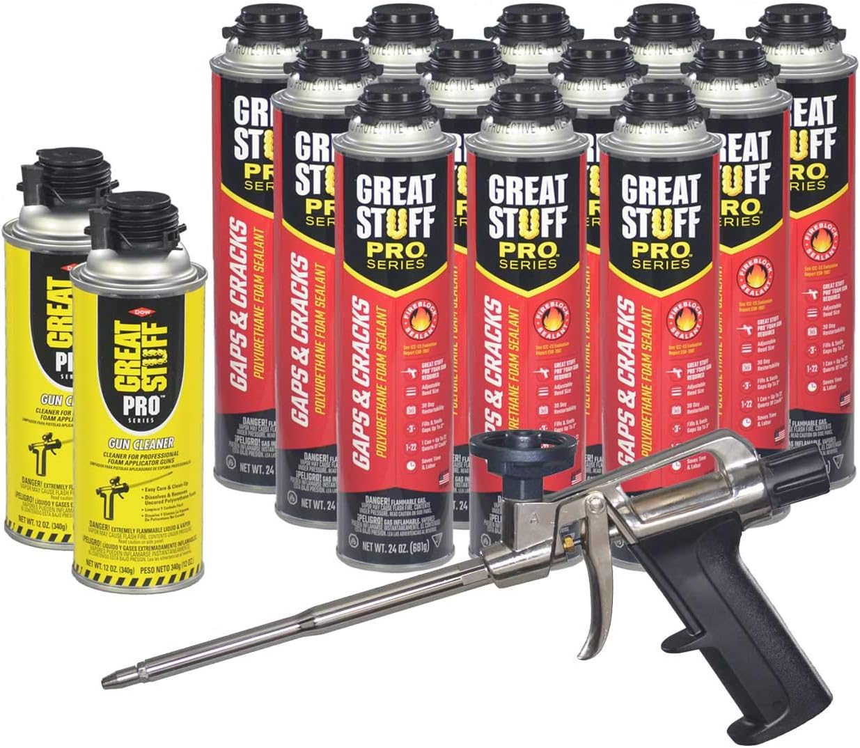 Dow Pro Gaps and Cracks 24 oz Gun Foam (12) + Great Stuff Pro 14 Dispensing Gun (1)+Great Stuff Pro foam Gun Cleaner (2)