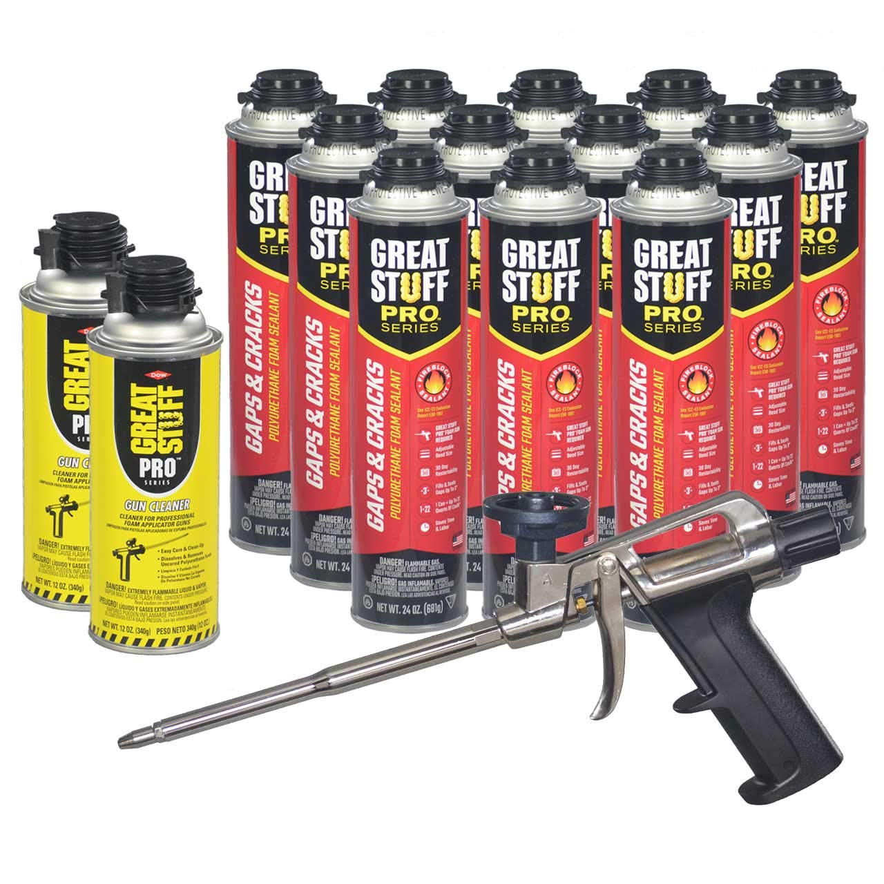 Dow Pro Gaps and Cracks 24 oz Gun Foam (12) + Great Stuff Pro 14 Dispensing Gun (1)+Great Stuff Pro foam Gun Cleaner (2)