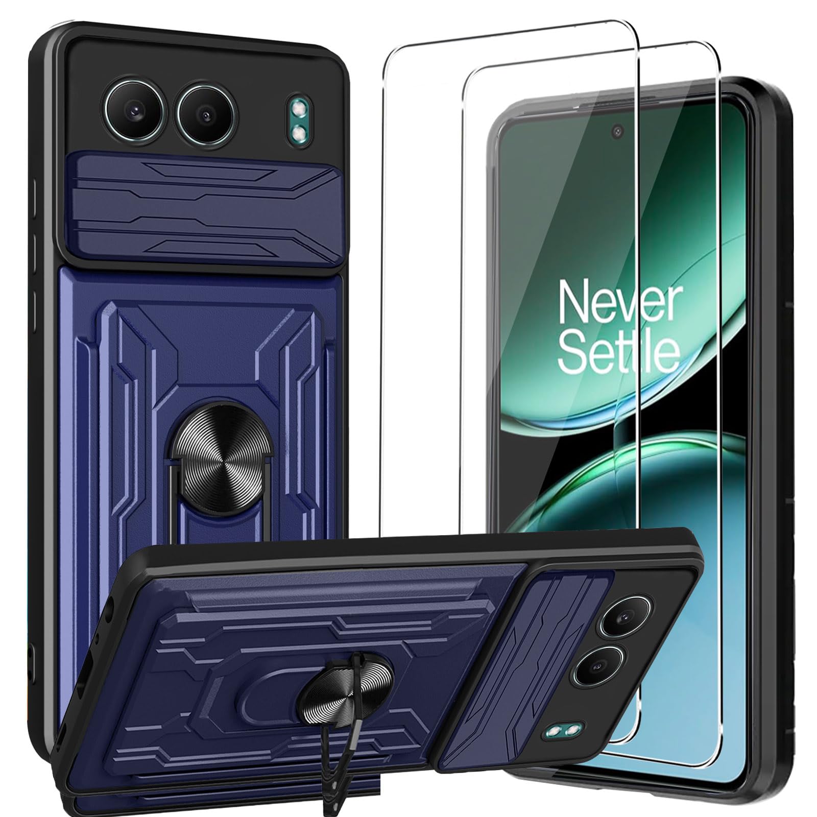 KZIOACSH Case for OnePlus Nord 4, Military-Grade Shockproof Phone Case [Built-in Kickstand][Slide Camera Cover][Removable Card Holder] Anti-Scratch Rugged Bumper Cover with 2 Tempered Glass,Blue