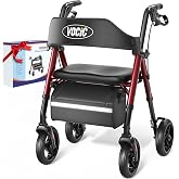 VOCIC Z21 Rollator Walker for Seniors with Seat, 8" All Terrain, 350 LBS | Lightweight Foldable &amp; Dual Height Adjustable for Seniors, Ergonomic Arc Seat&amp;6" Ultra Backrest Provide Comfort, Red
