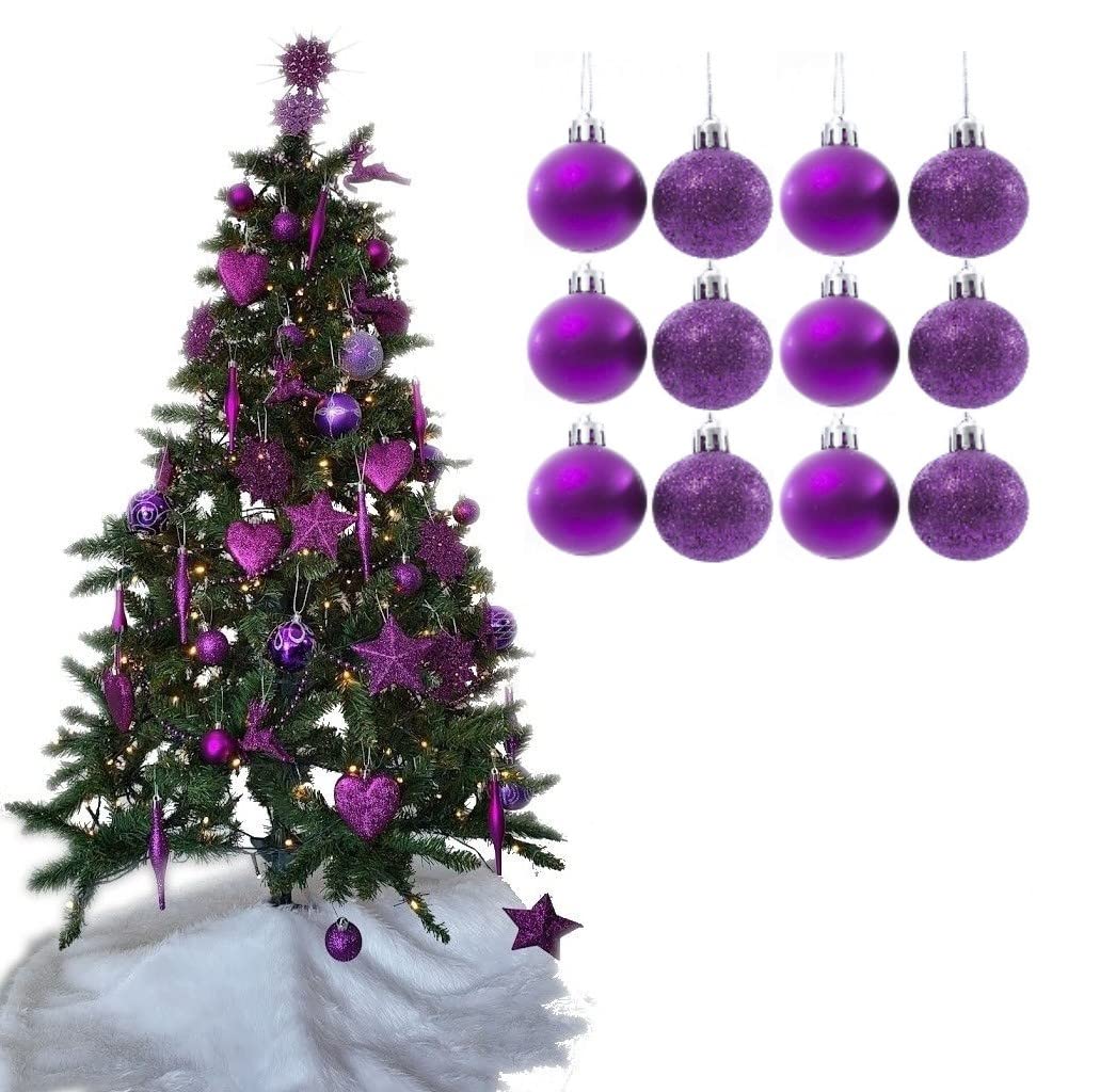 Simply Products Christmas Tree Decoration Baubles 3.8cm - Great Christmas Tree Hanging Ball Decorations, Matte & Glitter Baubles Pack of 12-3.8cm (Dark Purple Matte & Glitter)