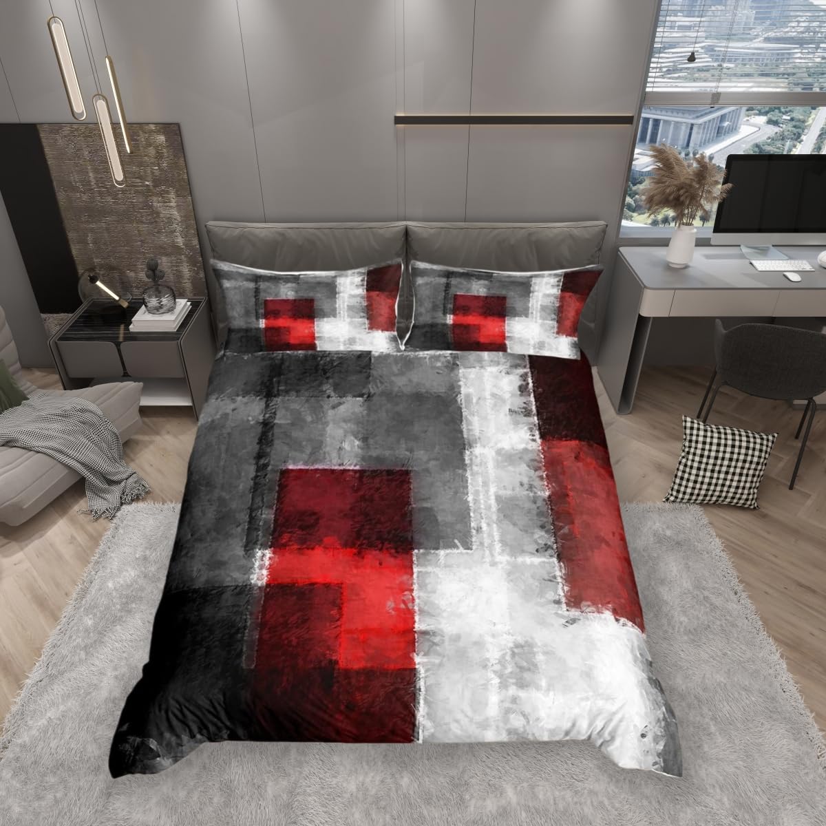 feelingyou 3D Geometric Duvet Cover King for Kids Boys,Red Grey Black Square Bedding Set with 2 Pillowcases Comforter Cover,Abstract Graffiti Bedspread Quilt Cover 3 Pcs, Soft, Zipper