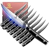 Piklohas Steak Knives Set of 8, 4.5 Inch Non Serrated Dinner Knife, Forged German Steel Damascus Pattern Straight Edge Meat Knife with Full Tang Handle, Dishwasher Safe, Ideal for Gift