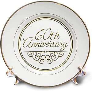 3dRose cp_154502_1 60th Gold Text for Celebrating Wedding Anniversaries 60 Years Married Together Porcelain Plate, 8-Inch