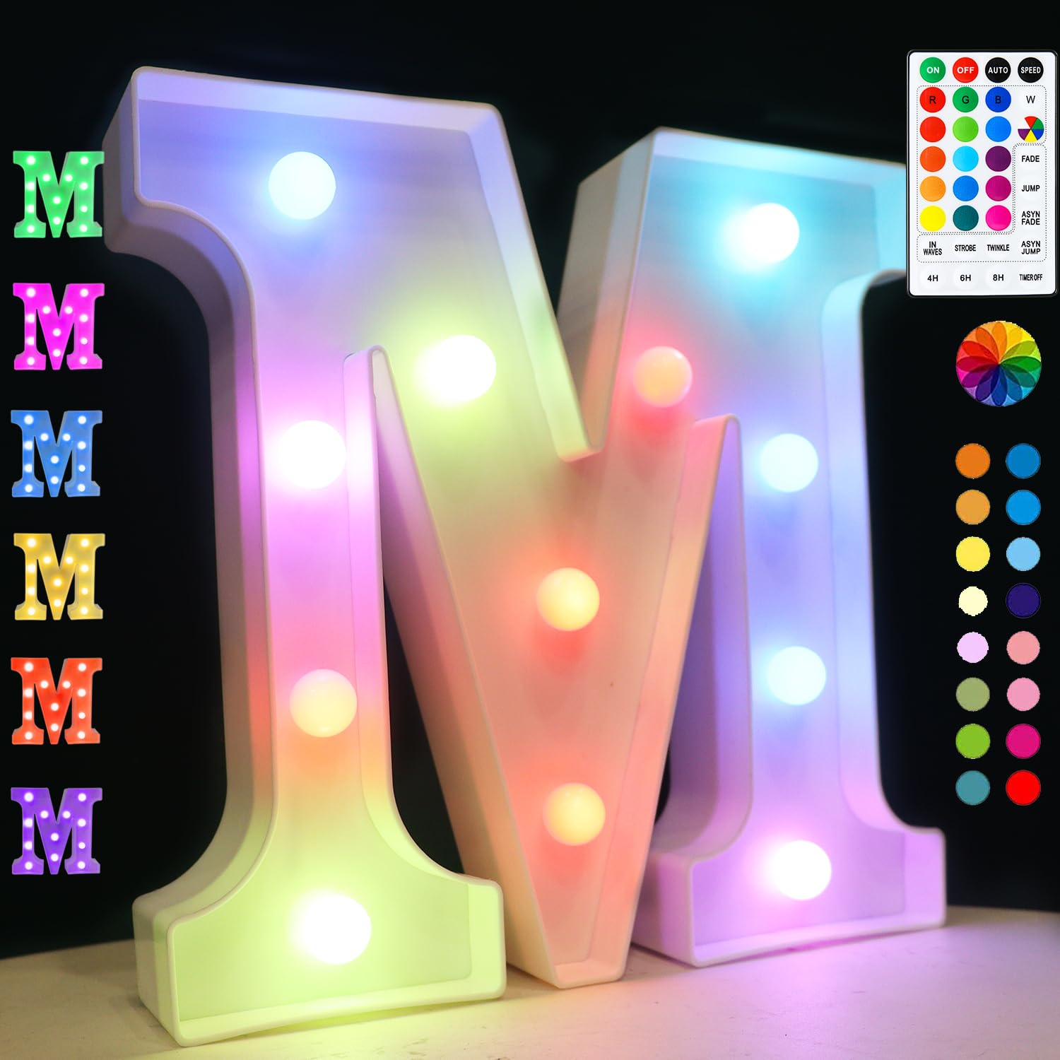 Light Up Colorful LED Marquee Letter Lights, 18 Colors Changing Alphabet Letters Sign with Remote Timer for Night Light Wedding Birthday Party Lamp Christmas Home Bar Decor- Colorful M