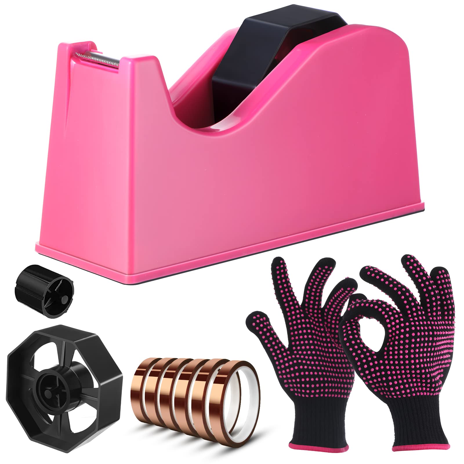 Photo 1 of Sabary 9 Pcs Heat Tape Dispenser Set, Sublimation Tapes Dispenser Adhesive Roll Holder 2 Pcs Heat Resistant Gloves with Silicone Bumps 6 Pcs Thermal Tape for Office Home (Rosy)