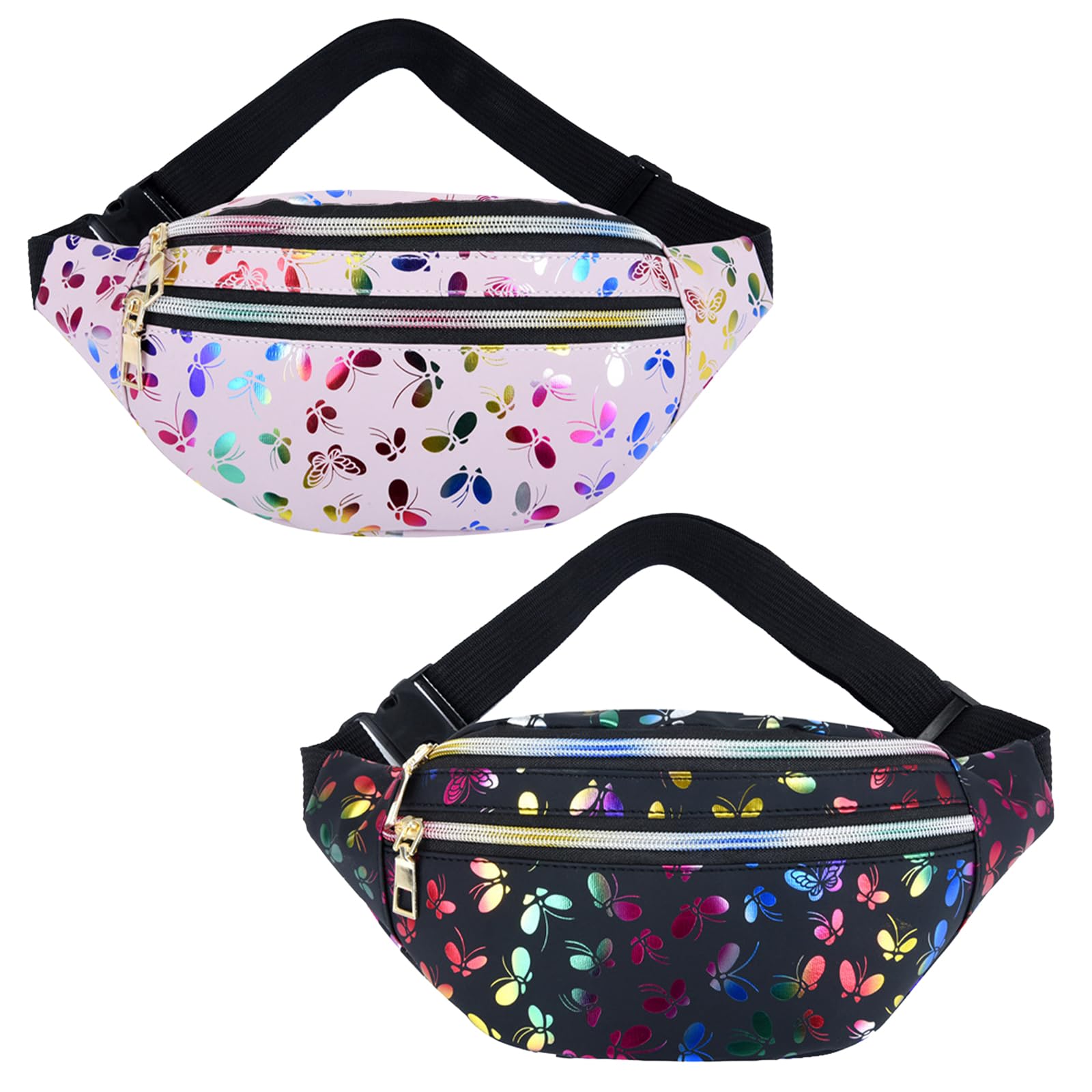 DKDDSSS 2 Pack Bum Bag, Waist Fanny Pack, Butterfly Waist Bag for Women, Fashion Waterproof Fanny Packs, with 2 Zipper Pockets and Adjustable Belt, for Women Ladies Girls