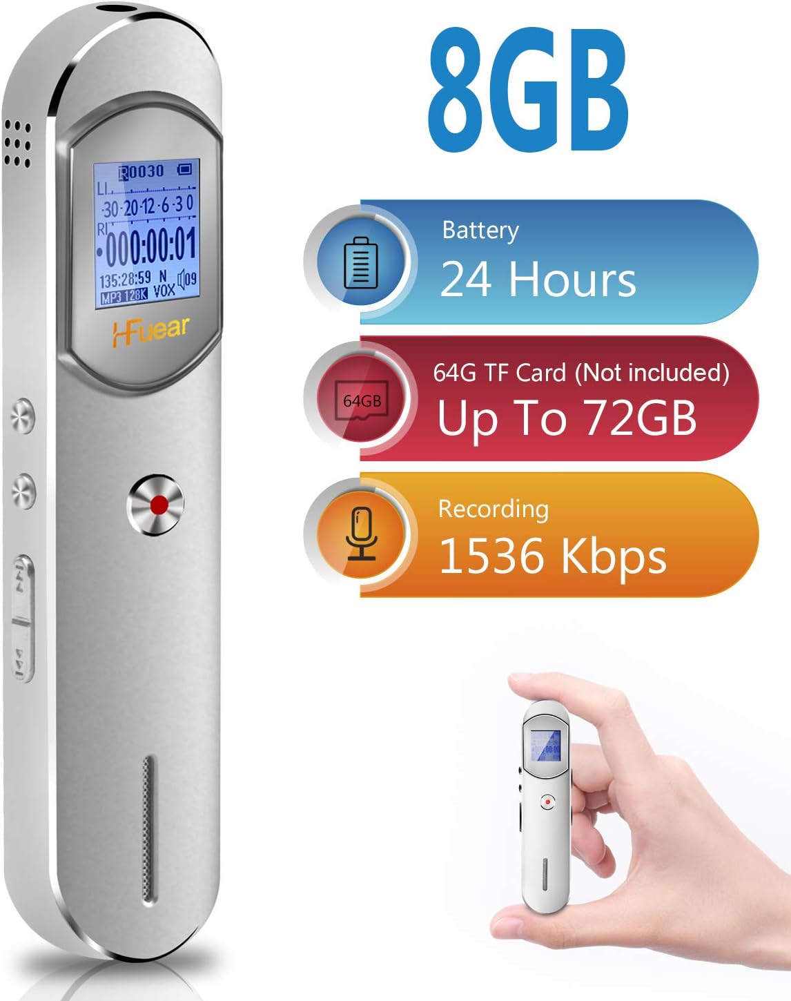 Digital Voice Recorder, Hfuear 8GB 1536Kbps Voice Activated Recorder for Meetings,Lectures,Class - Stereo Audio Sound Dictaphone Recorder with 64GB TF Card Expansion, Password, MP3 Player, USB Charge
